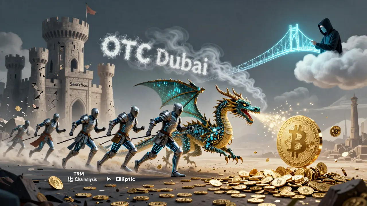 Knights made of data chase a Bitcoin dragon breathing smoke that turns into missile fuel, near a crumbling sanctions castle.
