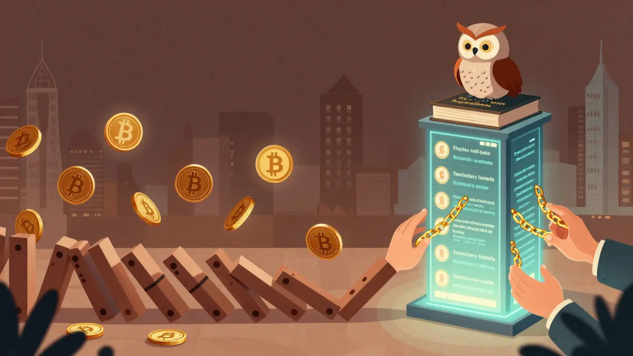 Split scene: chaotic crypto crash on one side, serene tokenized assets glowing on the other under a wise owl.
