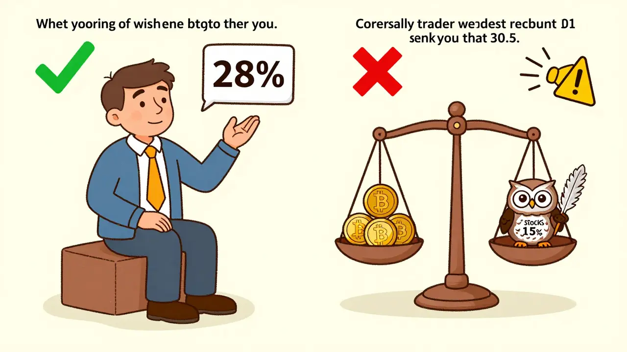 Split scene showing smart crypto sale vs. wash sale mistake, with NFTs taxed higher than stocks on a whimsical scale.