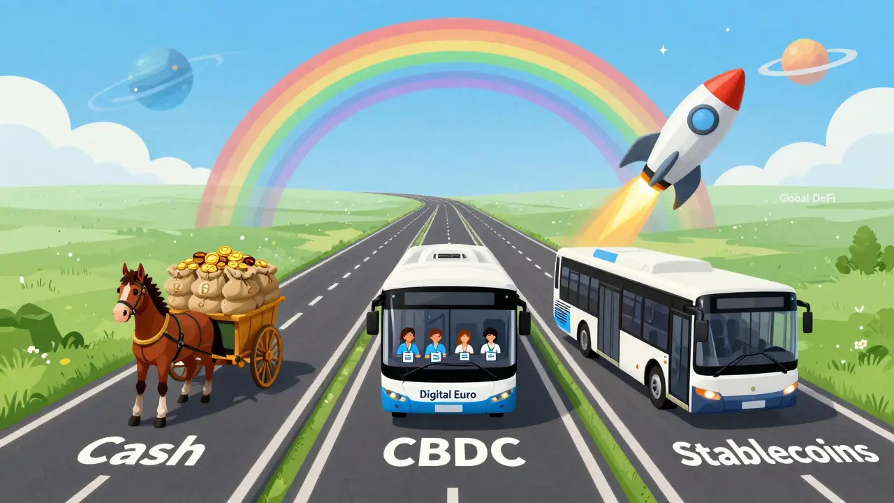 Three roads labeled Cash, CBDC, and Stablecoins each have unique vehicles—cart, bus, rocket—leading to a rainbow horizon where money systems coexist in a colorful storybook scene.