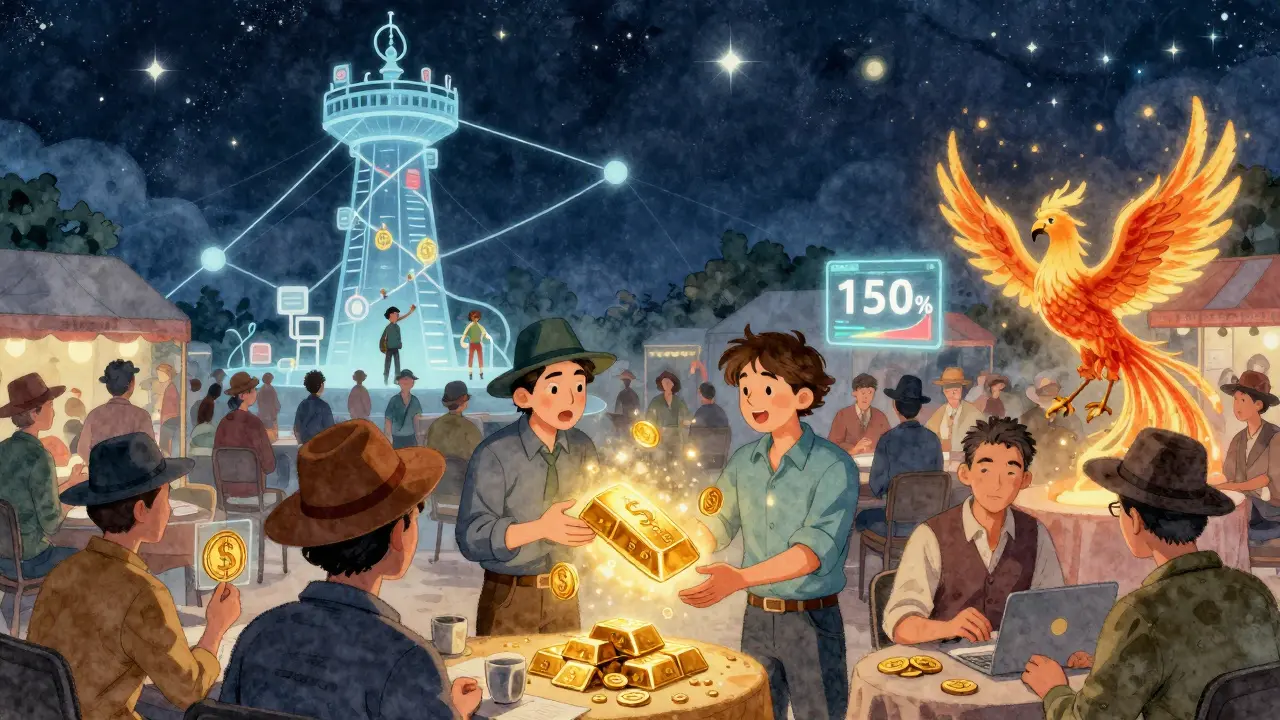 Traders in a magical marketplace exchange sUSD for synthetic assets under a starry sky, with a debt tower connecting everyone.