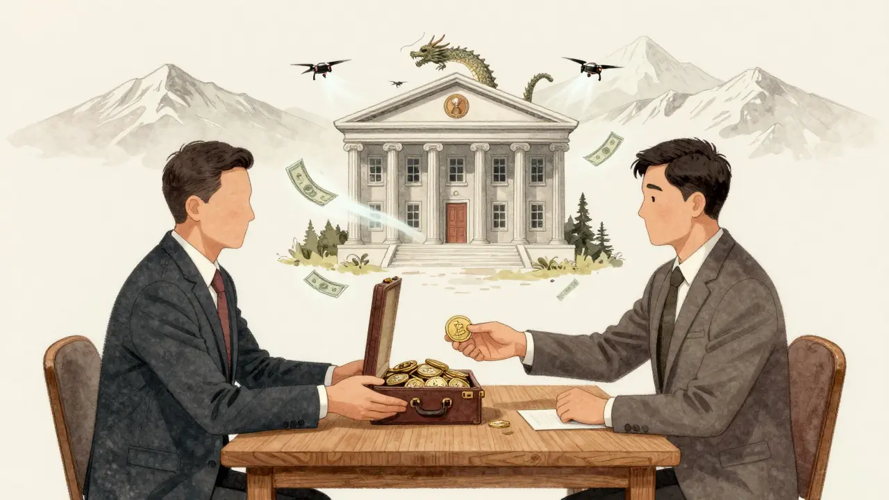 Two men exchange crypto tokens at a dragon-shaped bank in the mountains, with dollar bills and drones emerging from its windows.