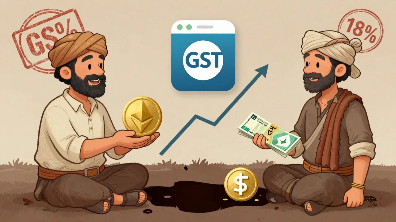Two traders side by side: one celebrates a profit while a loss vanishes into darkness, with a GST stamp on a crypto app in the background.