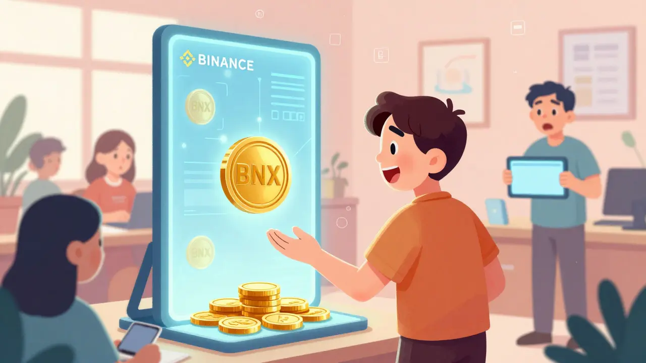 Users exchange BNX for FORM tokens at a digital marketplace, some happy, others shocked.