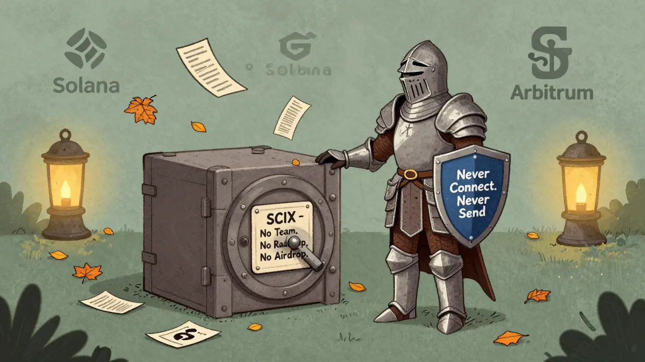 A blockchain knight guards a silent SCIX vault as fake airdrop flyers fall around it, while real projects shine in the distance.