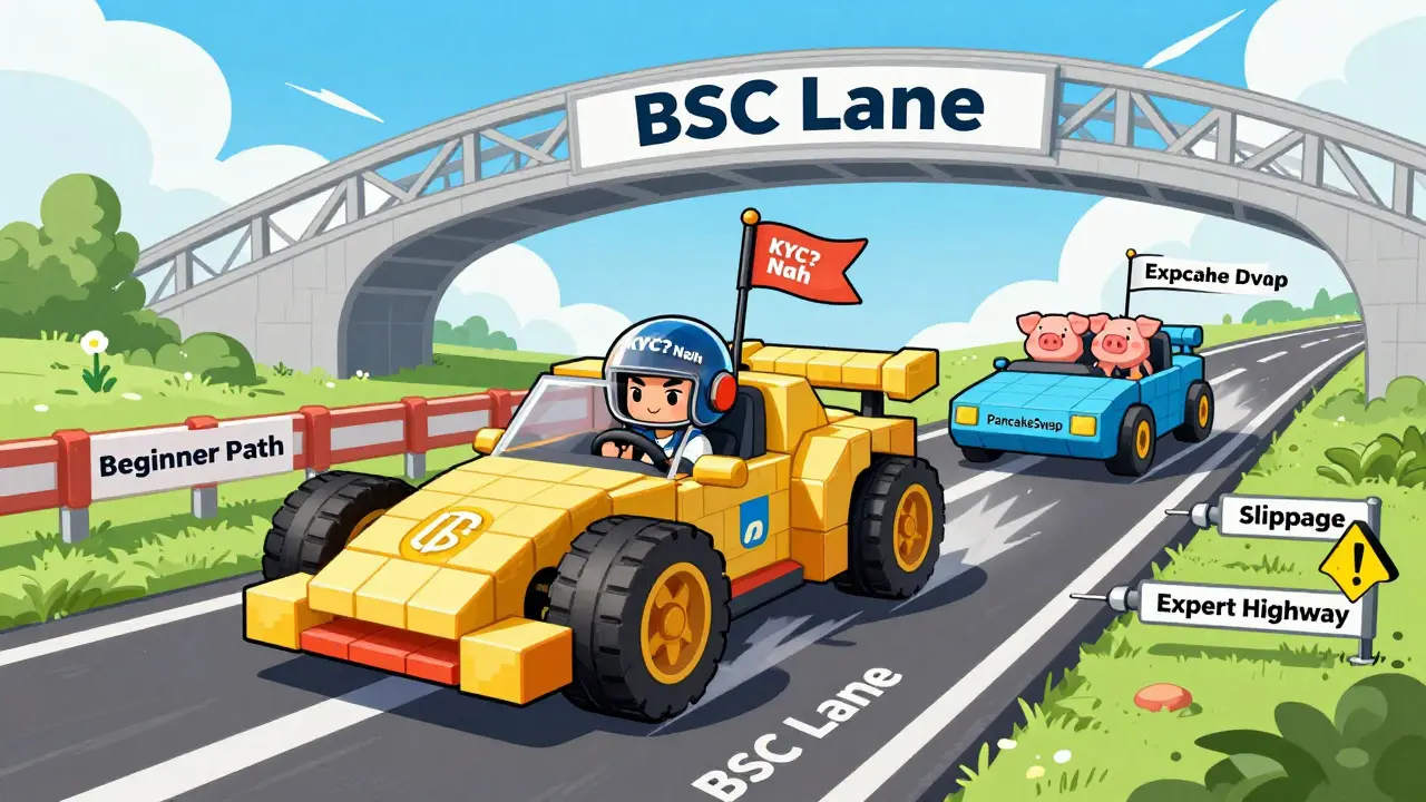 A blockchain-shaped race car speeding down a BSC road with limit orders and cross-chain bridges in the background.