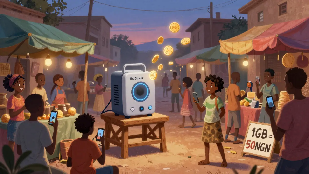 A busy street market with a public hotspot device, people using phones, and WNT tokens shimmering in the air.