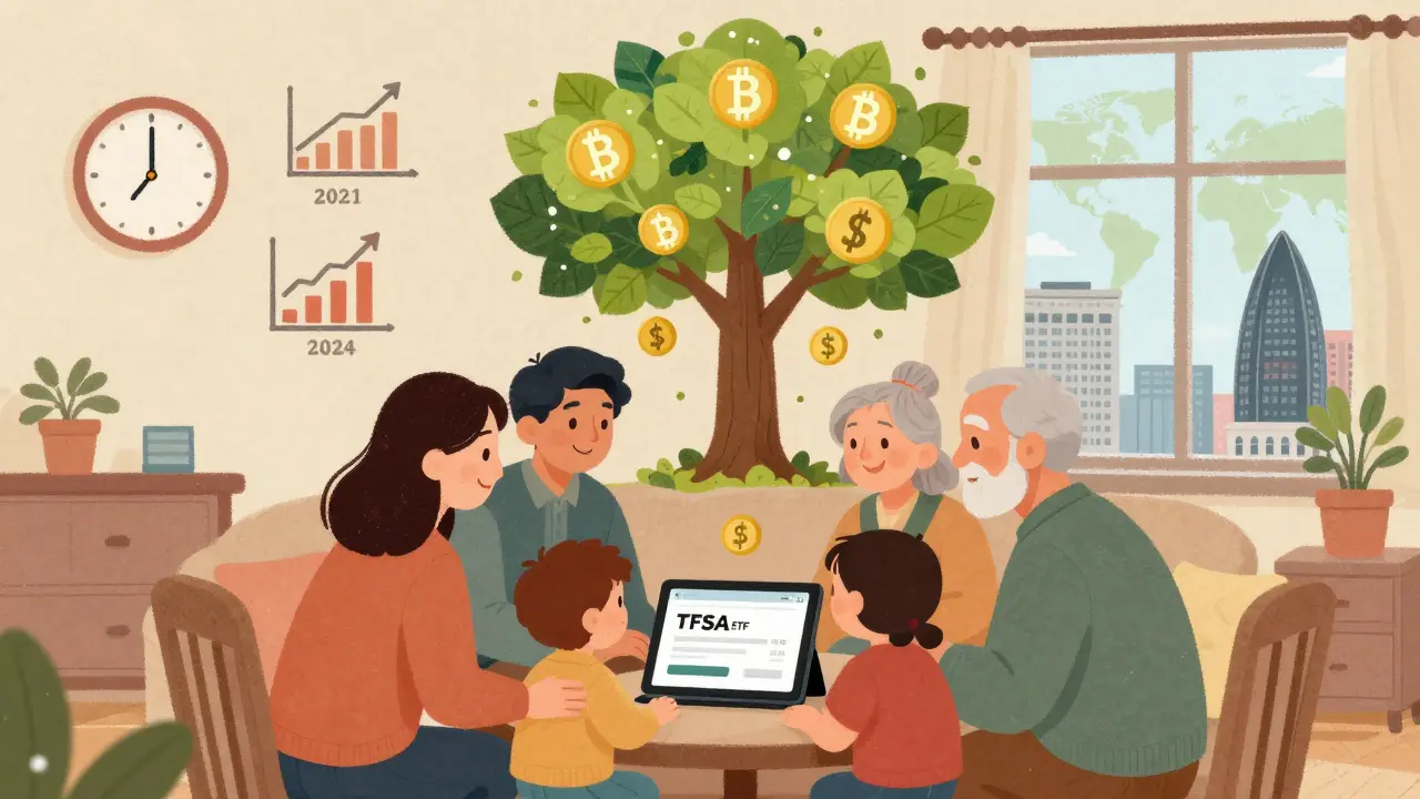 A Canadian family watches their TFSA grow Bitcoin leaves, while global financial centers watch in admiration.
