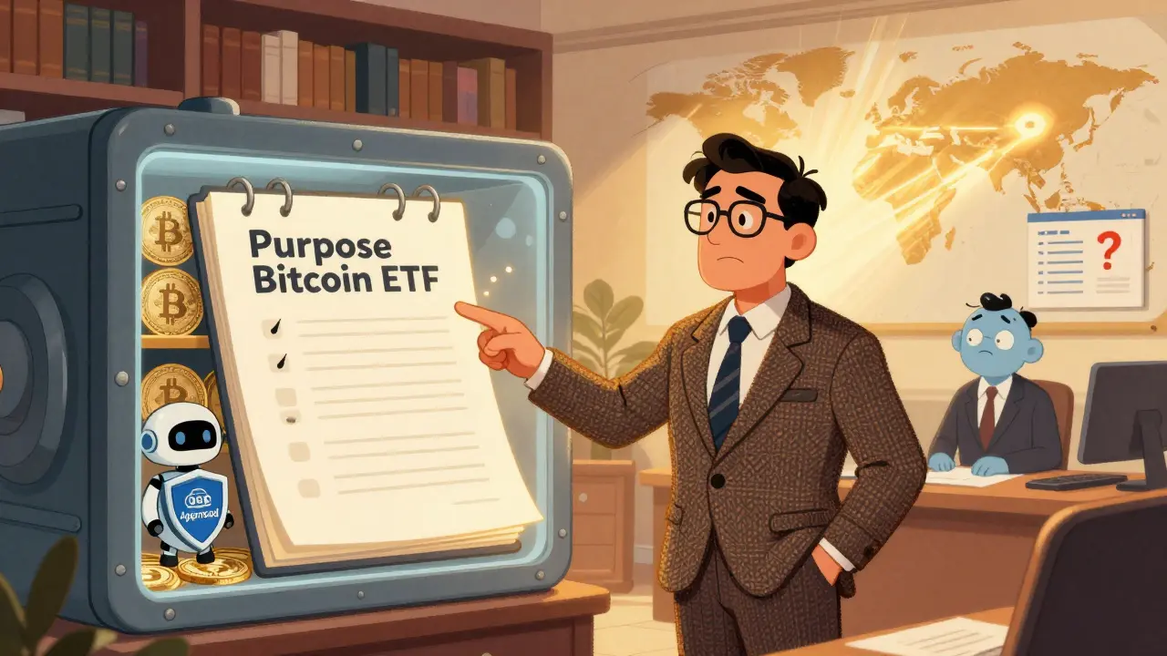 A cartoon financier shows a glowing Bitcoin ledger to a robot guardian, with a world map spreading innovation from Canada.