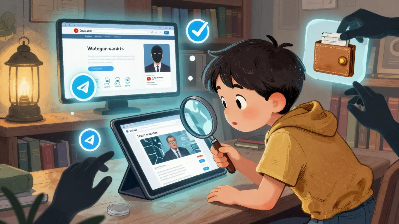 A child examines a fake SCIX website surrounded by scam bots and drained wallets, with a real site glowing safely nearby.