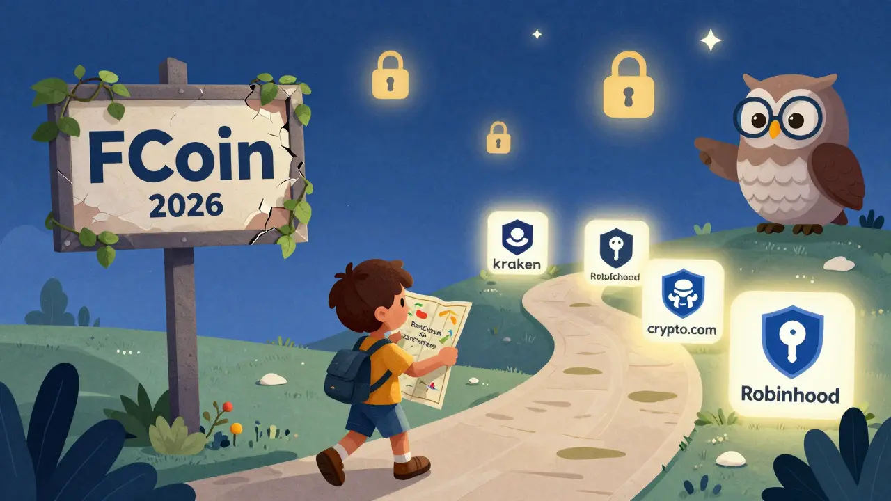 A child follows a treasure map past a ruined FCoin sign toward safe crypto exchanges guided by a wise owl.