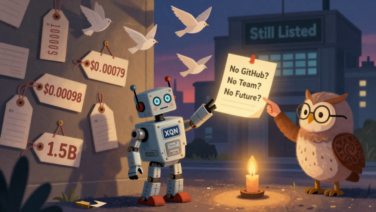 A child holding a broken XQN toy beside floating price tags and a wise owl.