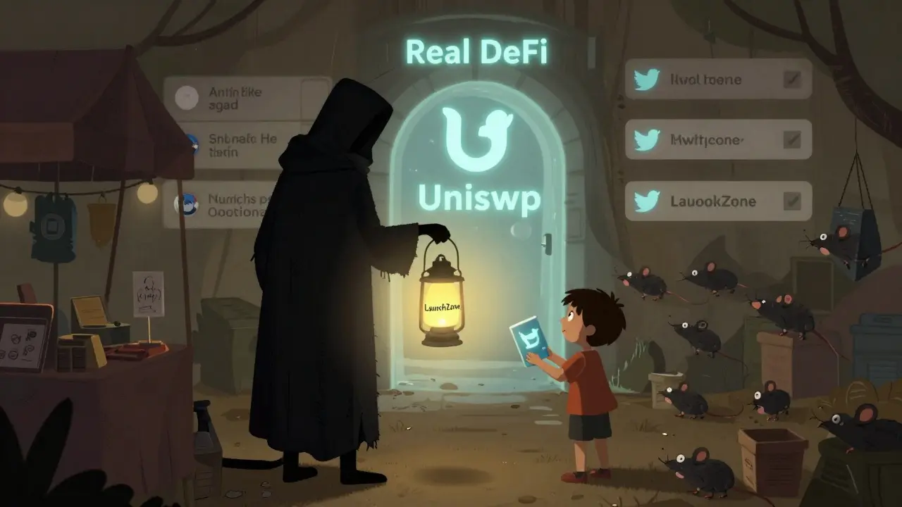 A child holds a fake NFT while a shadowy figure offers a dark lantern labeled 'LaunchZone'.