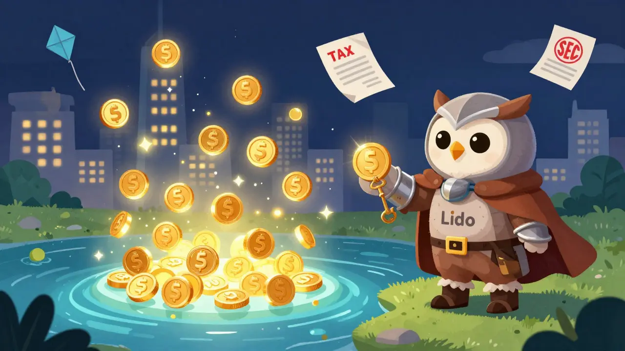 A child knight beside a shimmering staking pool, receiving a magic key to liquid staking tokens from a wise owl.