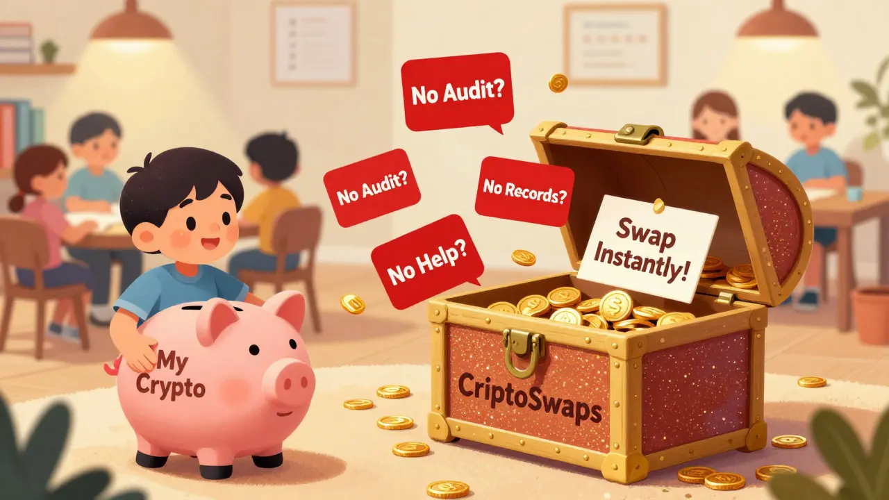 A child reaches for an empty treasure chest labeled CriptoSwaps, surrounded by warning signs in storybook illustration style.