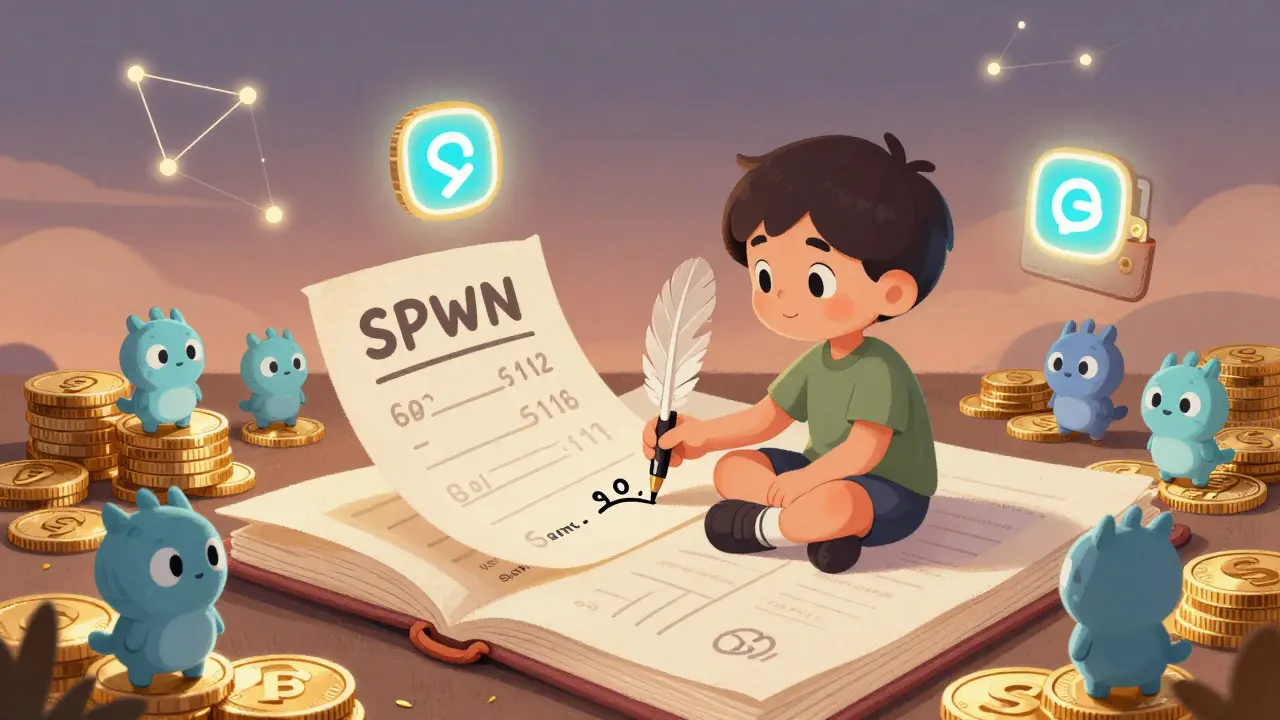 A child writing SPWN token amounts on floating scrolls atop a giant blockchain ledger.