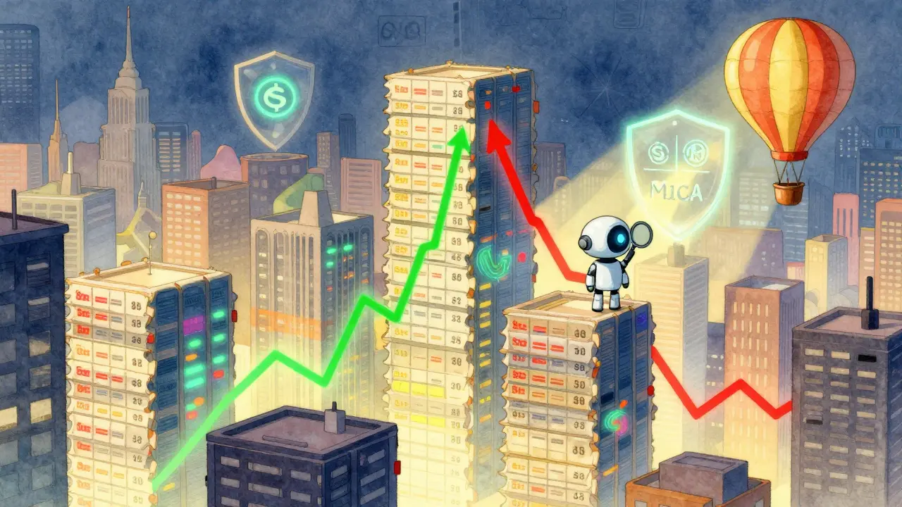 A city skyline built from stacked order books glows with buy and sell light trails under an AI observer.