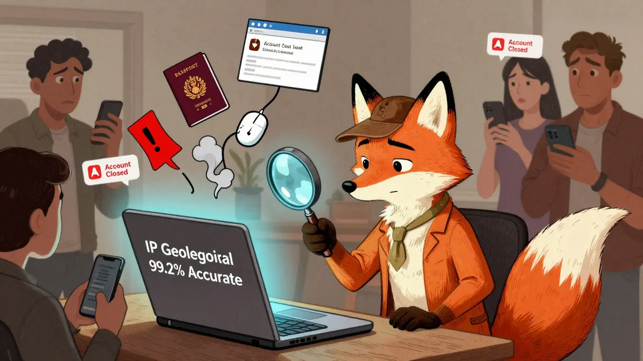 A detective fox examines digital clues like IP address and device fingerprinting, revealing how OKX detects location.