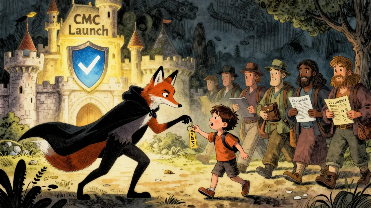 A fox tries to steal a private key while adventurers head toward a safe castle labeled CMC Launch, protected by blue checkmarks.