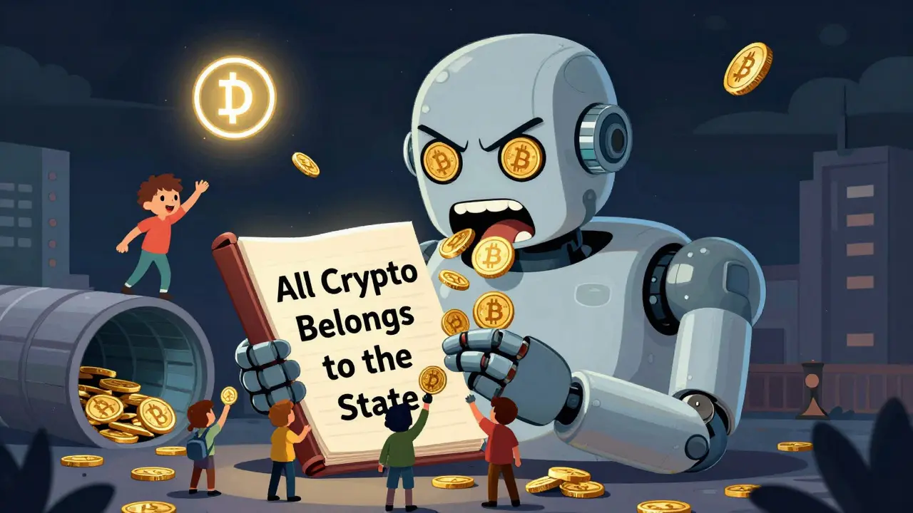 A giant central bank robot collecting crypto coins from citizens, while a small DAI icon escapes surveillance.