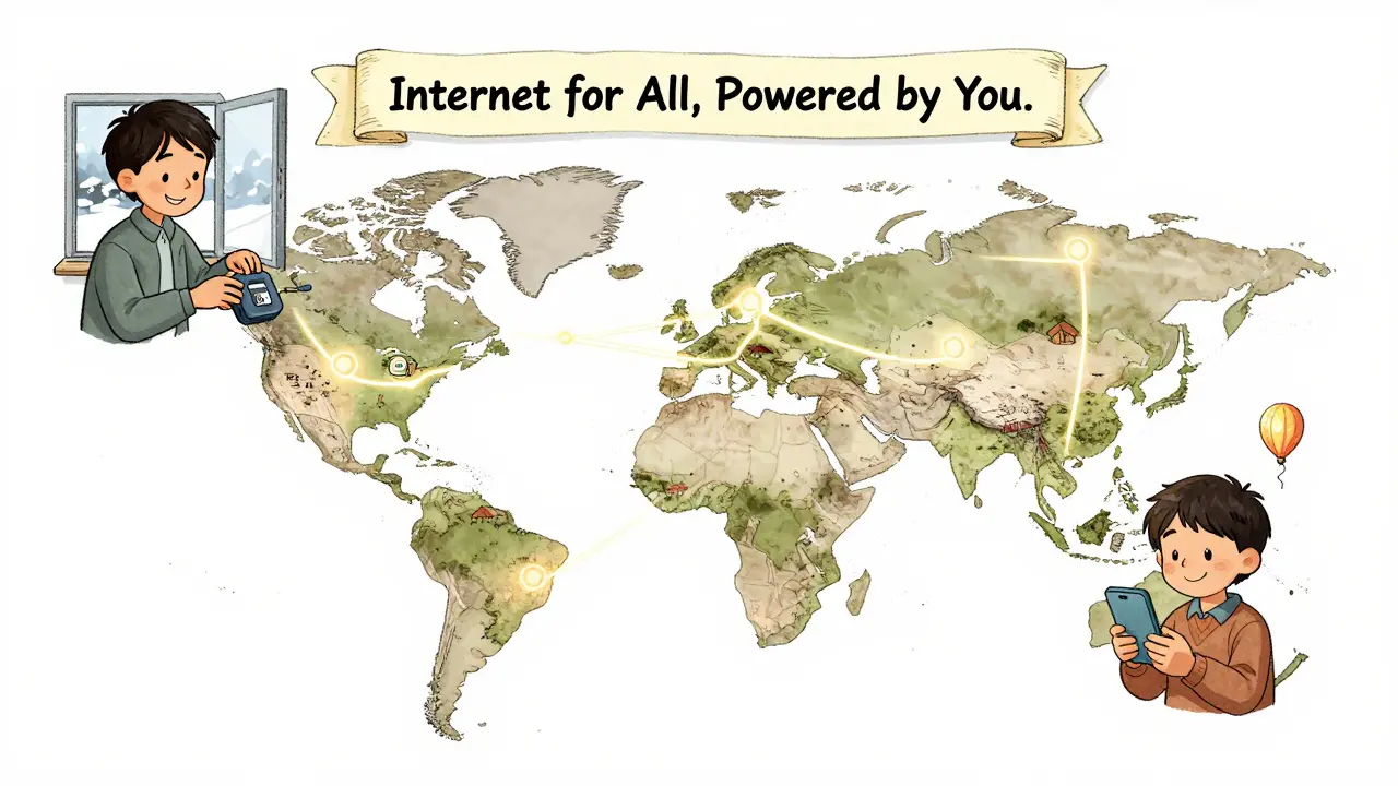 A global map with hotspot devices as balloons, connecting people worldwide to affordable internet.