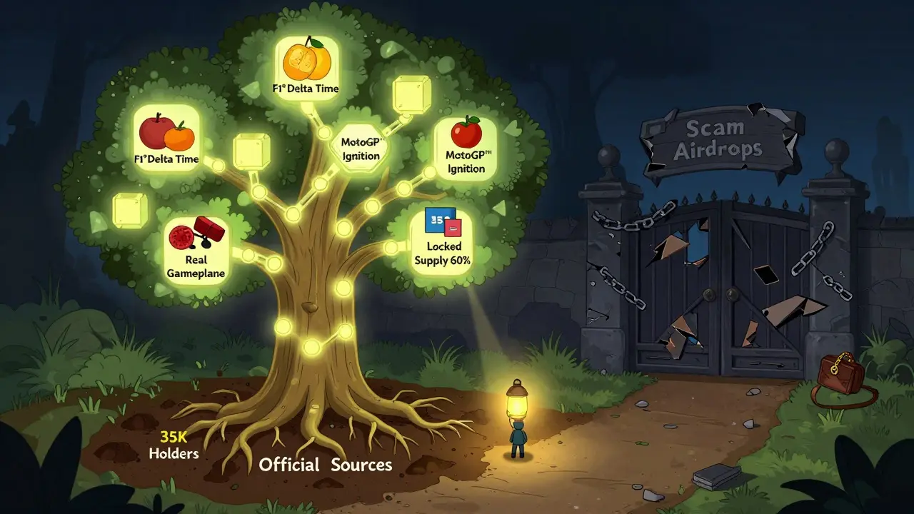 A glowing blockchain tree bears game-themed fruits, with a figure shining light on official sources while scam gates crumble behind.