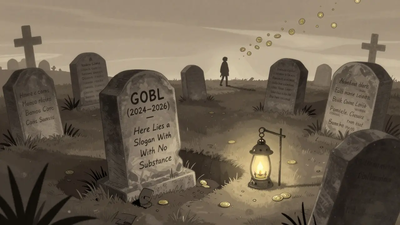 A graveyard of failed crypto coins has a fresh grave marked 'GOBL', with a flickering pitchfork-shaped lantern beside it.