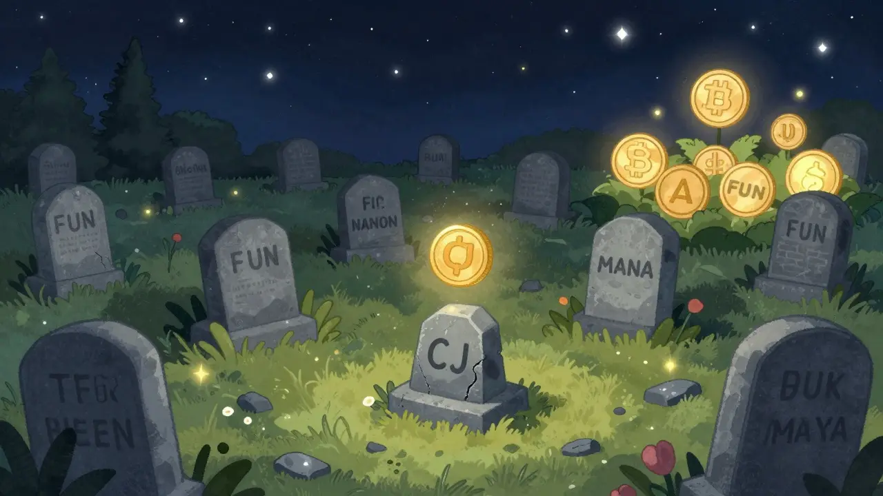 A graveyard of forgotten crypto coins with CJ's tombstone glowing faintly under starlight.