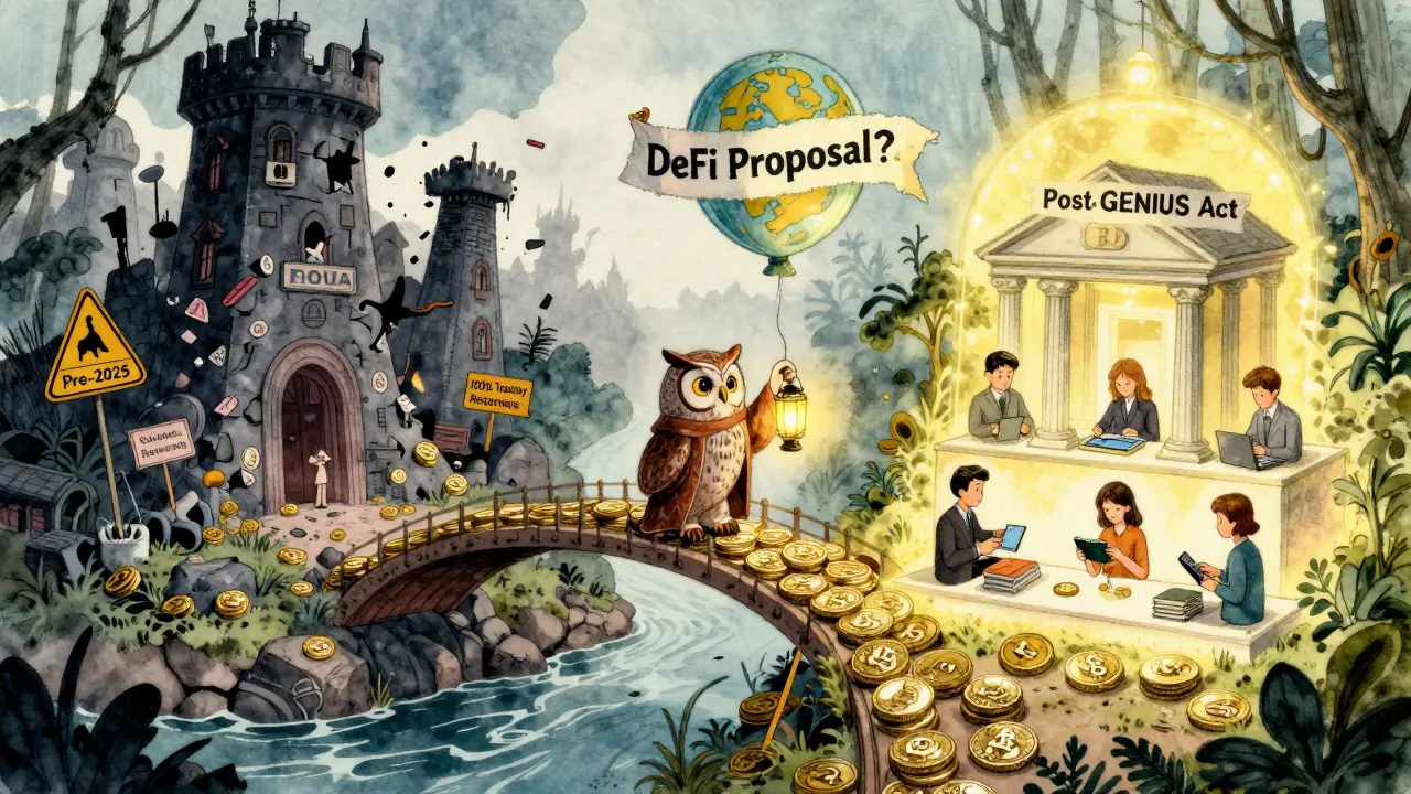 A magical bridge of stablecoins connects chaotic pre-regulation crypto to a safe, regulated future under Fed oversight.