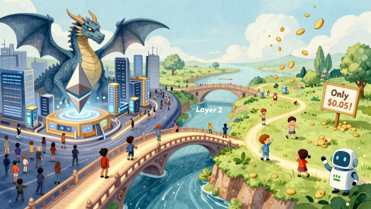 A magical bridge to a low-fee Layer 2 land, with dragons representing high mainnet fees.