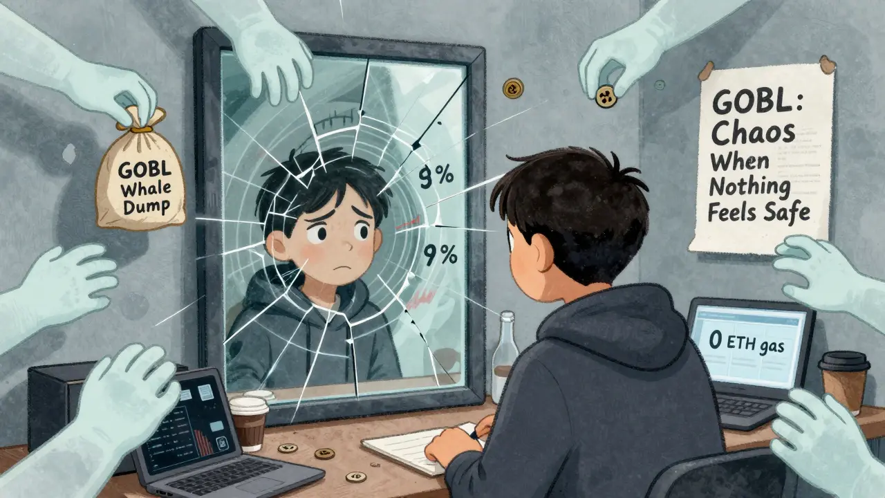 A nervous investor sees ghostly hands holding GOBL tokens in a mirror reflection, surrounded by empty coffee cups and a '0 ETH gas' laptop.