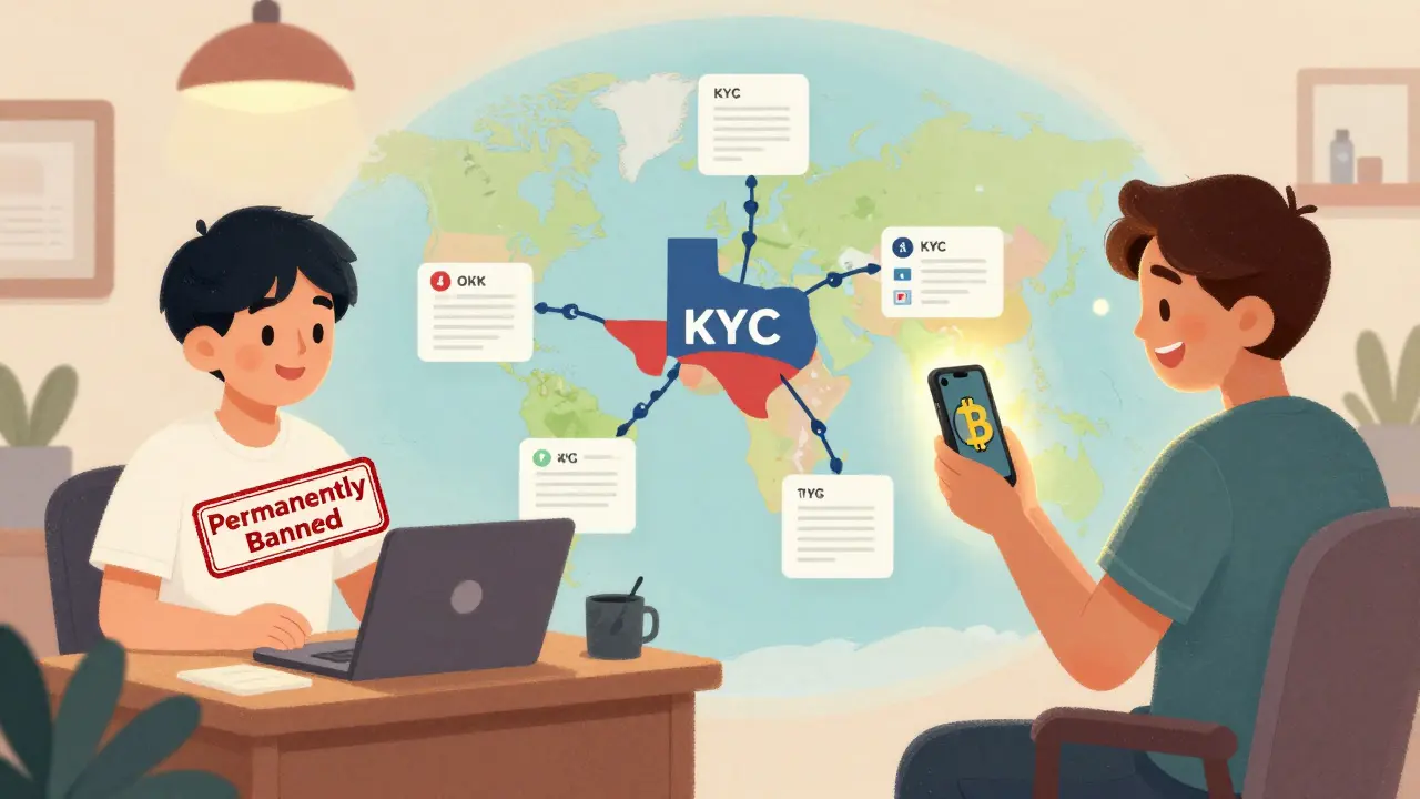 A person banned in the U.S. versus able to trade in Thailand, separated by a map showing geolocation restrictions.