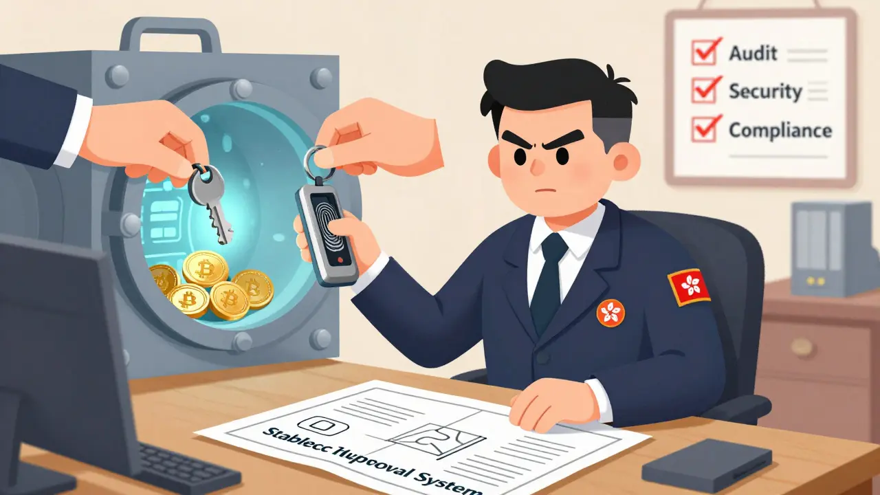 A regulator at a desk overseeing a dual-key digital vault, with crypto compliance checkmarks visible in the background.