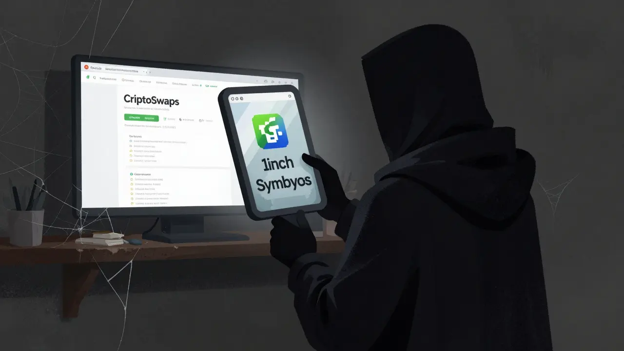 A shadowy figure holds a mirror showing trusted crypto platforms while CriptoSwaps sits forgotten on a dusty shelf.
