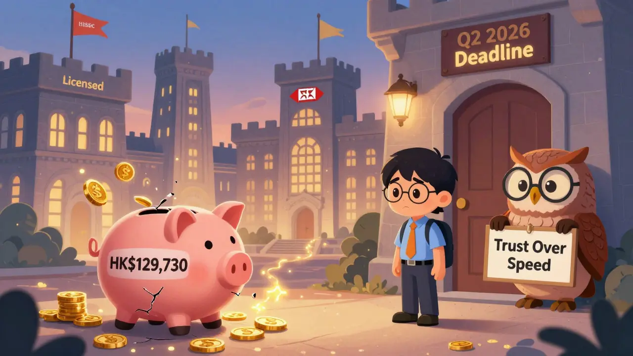 A small startup founder beside a broken piggy bank, while large financial institutions shine in the distance under a deadline sign.