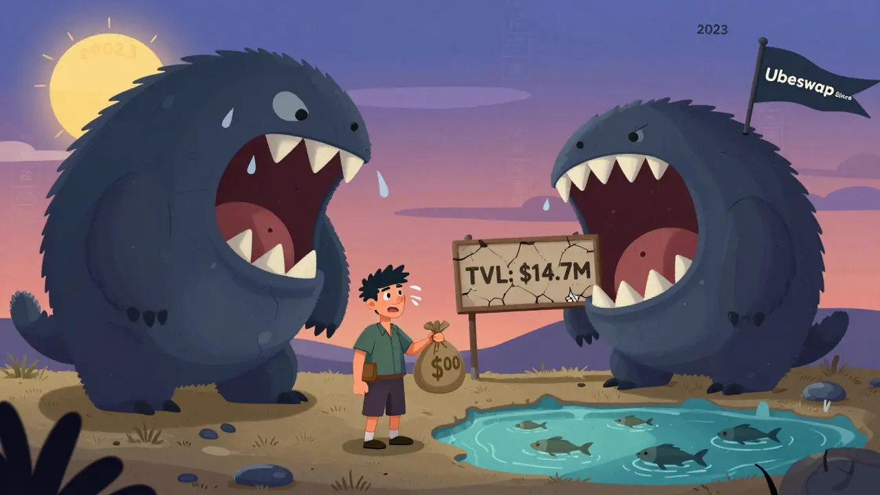 A trader losing half their tokens to slippage monsters, beside a nearly empty liquidity pond labeled with low TVL.