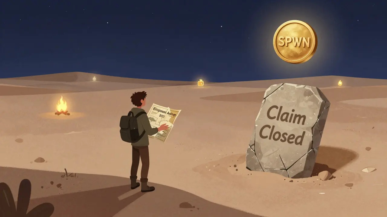 A traveler in a digital desert gazing at a faded airdrop map under a starry sky.