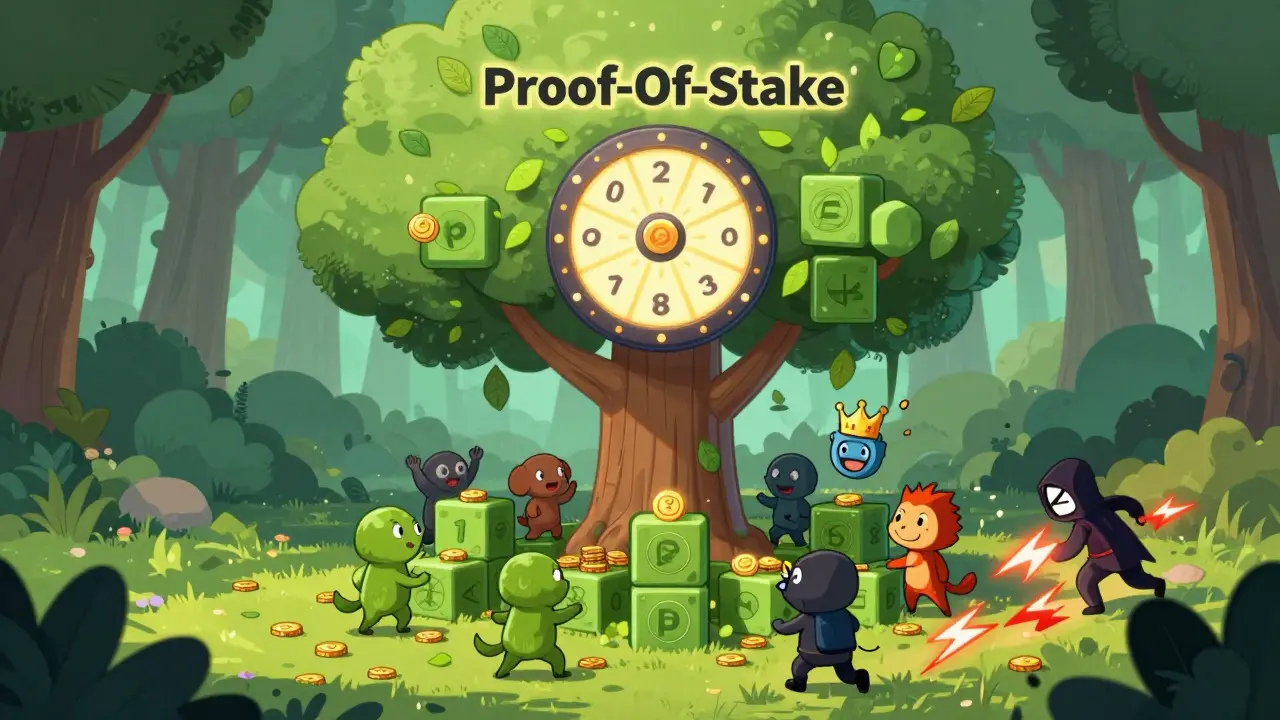 A whimsical blockchain forest with stakers gathering under a lottery wheel, one winning a validator crown.