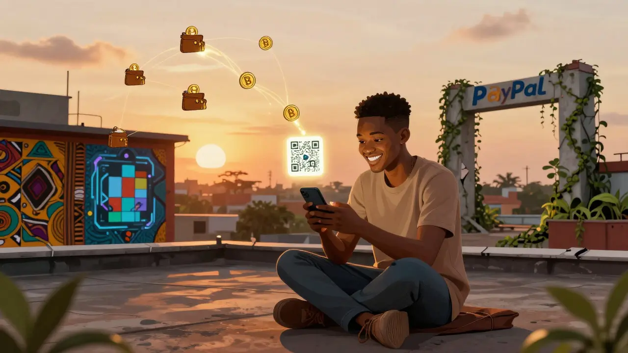 A young artist in Lagos receiving glowing USDC coins from global fans via a floating QR code, with blockchain vines growing around ruined PayPal signs.
