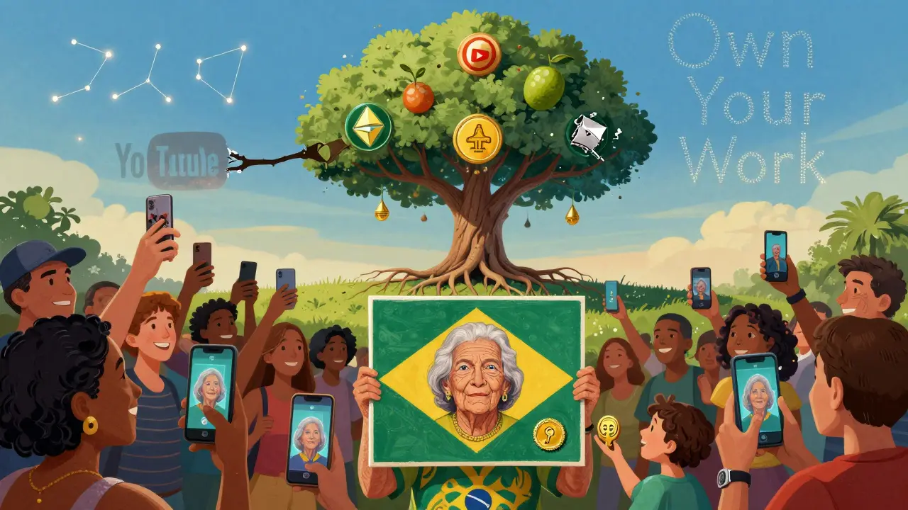 An elderly Brazilian artist sharing her NFT art with international fans, standing beneath a tree bearing crypto fruit, while a fading YouTube logo fades behind her.