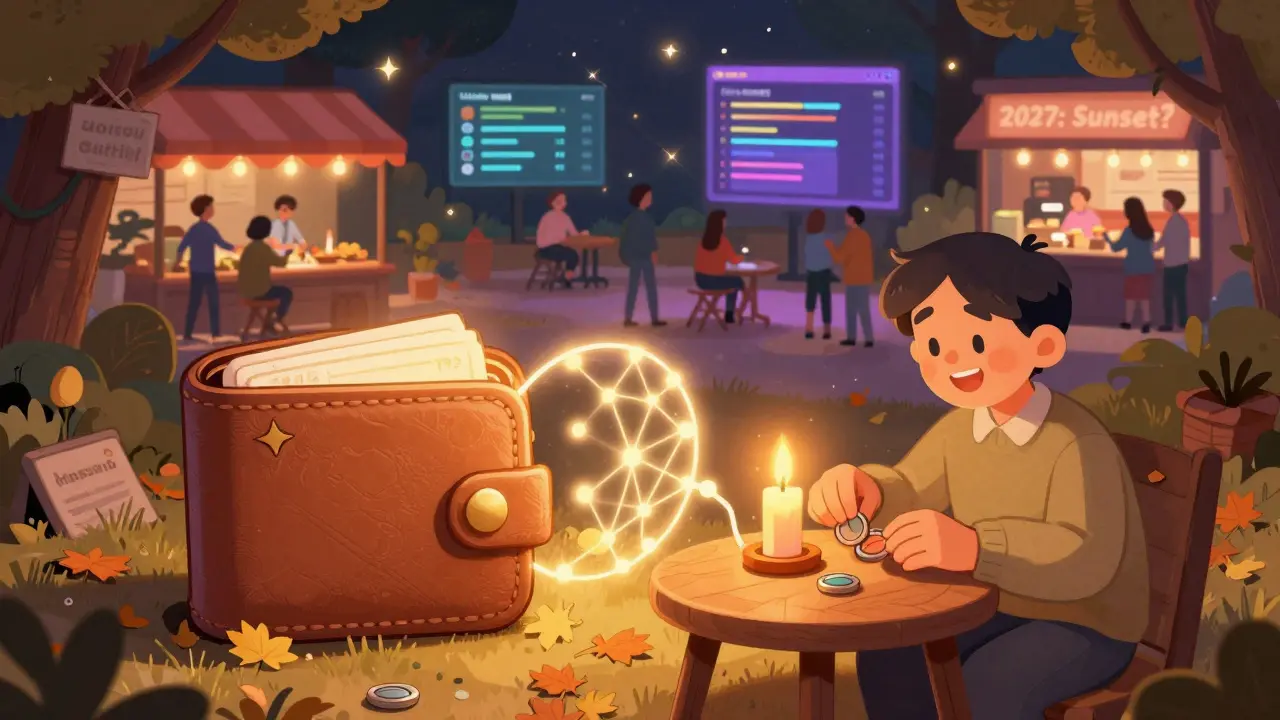 An experienced user making a small, safe swap on Optimism, while a lively Uniswap marketplace glows brightly in the distance.