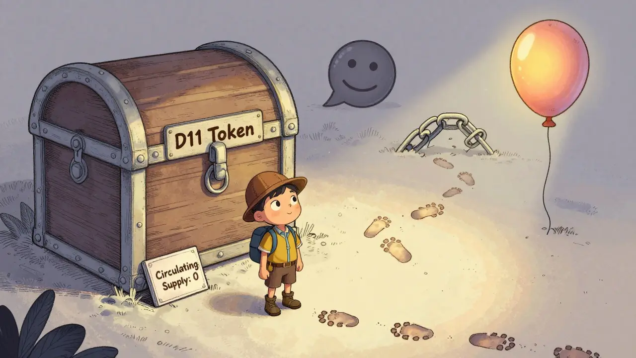 An explorer faces a locked chest labeled 'D11 Token' with 'Circulating Supply: 0' carved below, surrounded by dead ends.