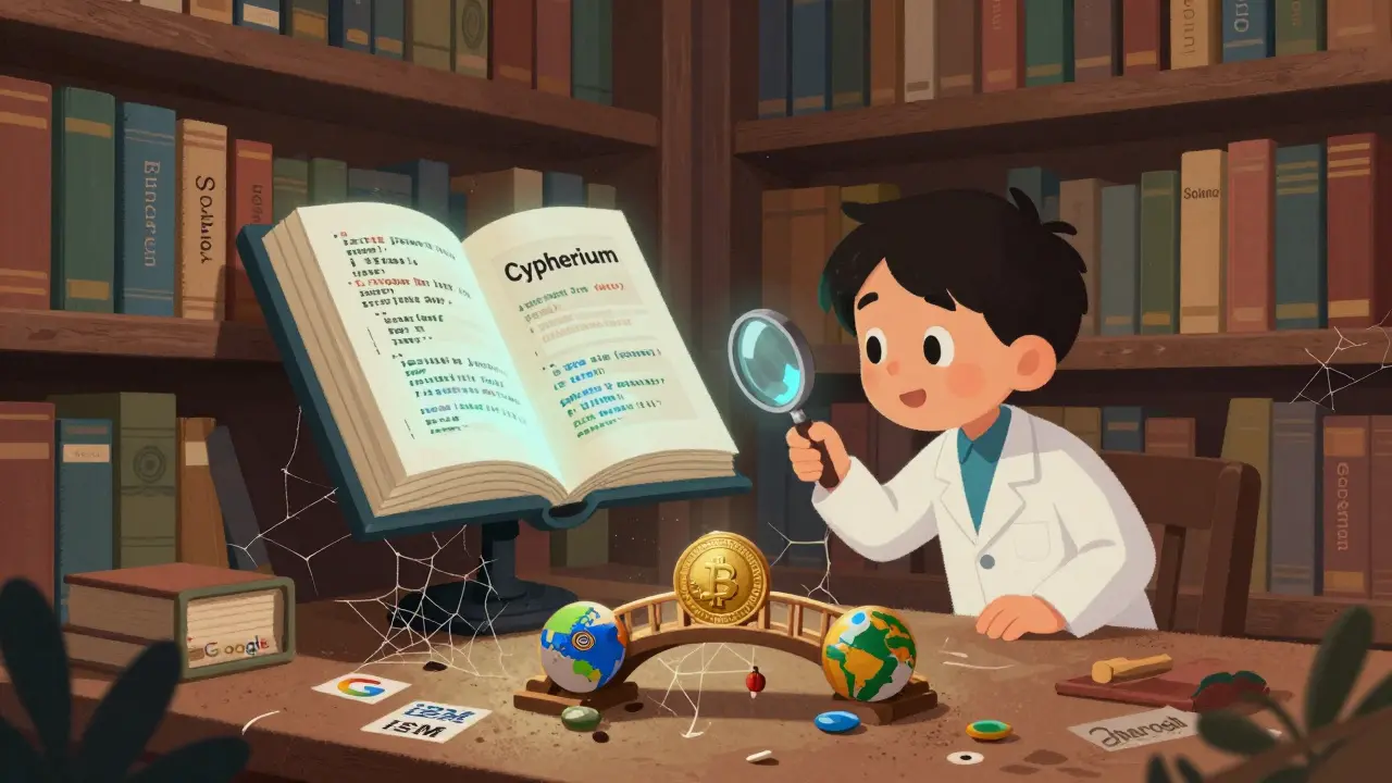An old library with Cypherium's Java-focused book open, surrounded by faded tech logos, as a child examines a tiny digital currency bridge model.