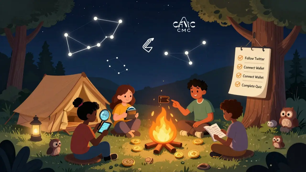 Friends gather around a fire of crypto tokens, reviewing an airdrop checklist under a starry sky shaped like CMC logos.
