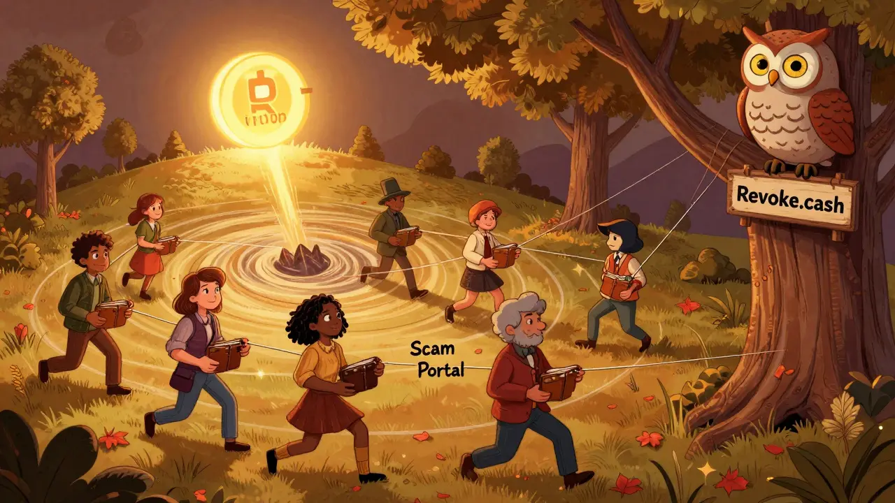 People being pulled into a scam vortex while a wise owl watches from a tree labeled 'Revoke.cash', real airdrops shining in distance.
