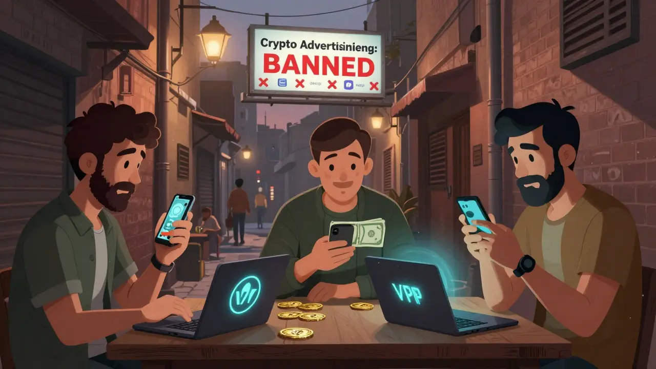 People secretly trading crypto for cash in an alley, using encrypted phones and VPNs despite government bans.