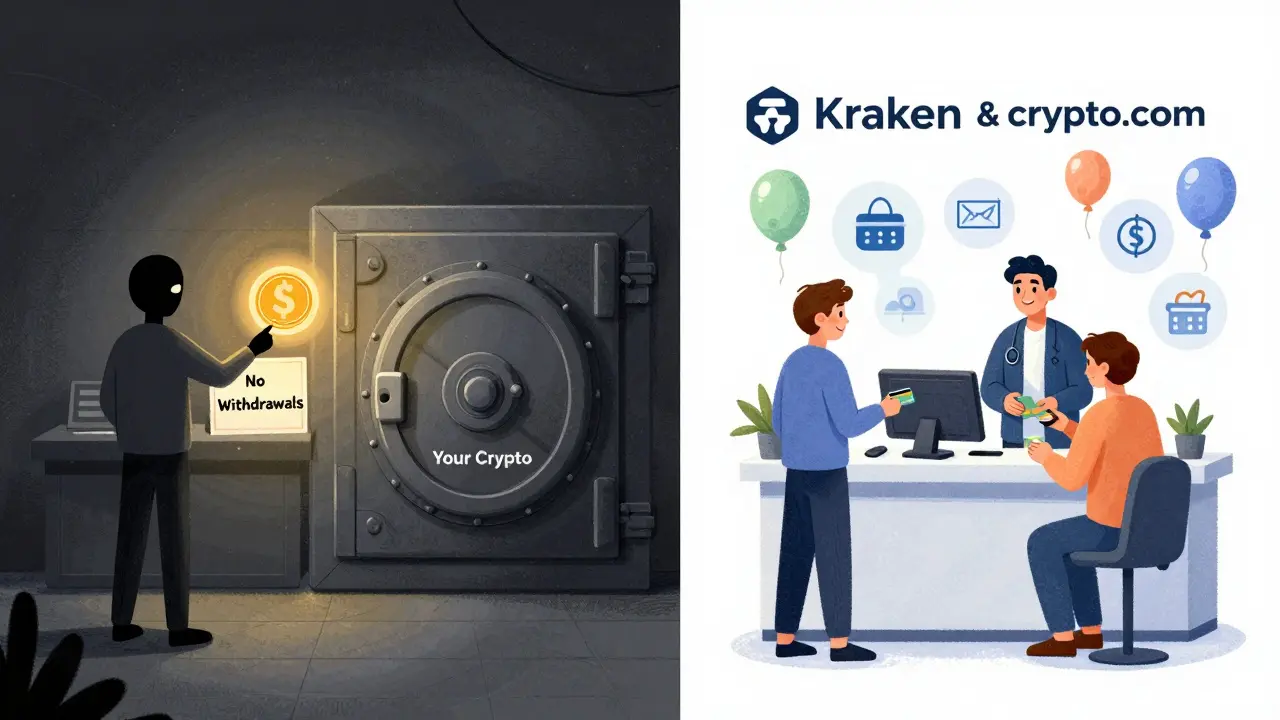 Split scene: dark FCoin counter with locked vault vs. bright, welcoming crypto exchanges with transparent fees.