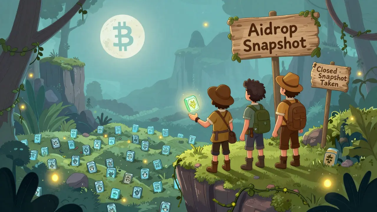 Three adventurers face a cliff marked 'Airdrop Snapshot' with buried NFTs below.