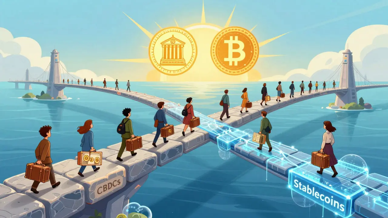 A bridge connects government-backed CBDCs and private stablecoins, with tokenized assets crossing between them.