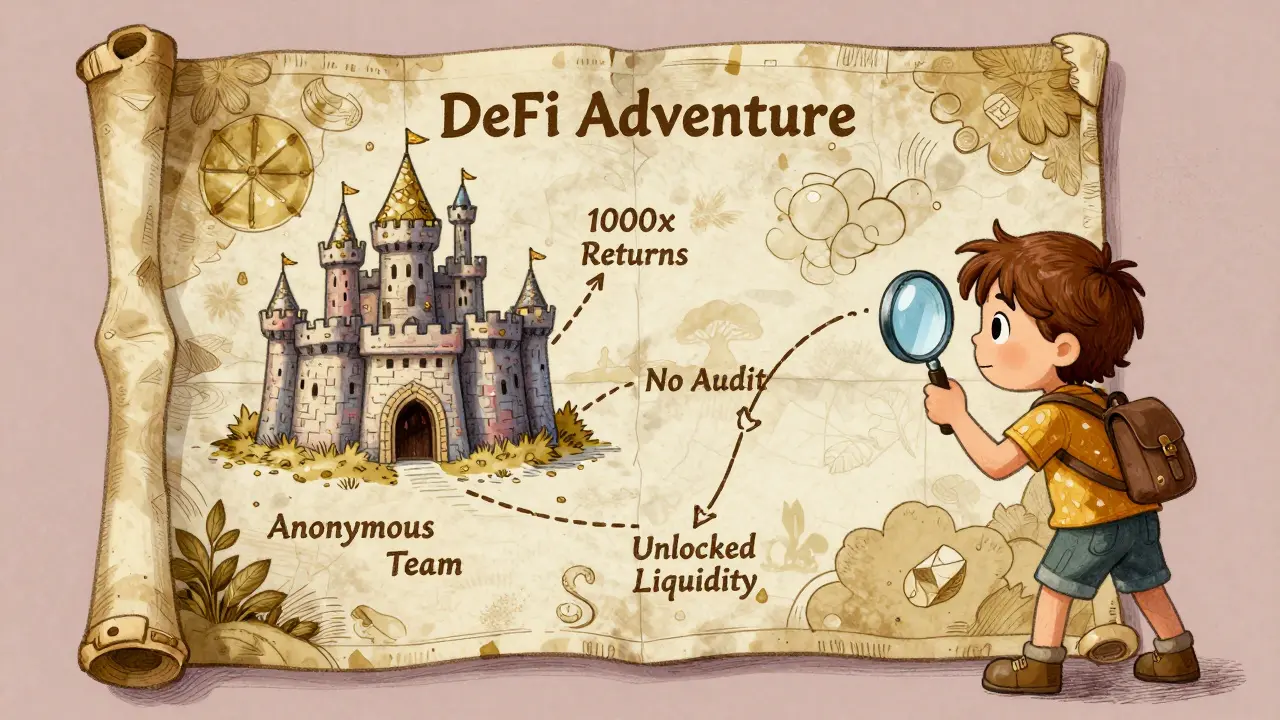 A child's treasure map leads to a castle with hidden traps labeled 'No Audit' and 'Unlocked Liquidity'.